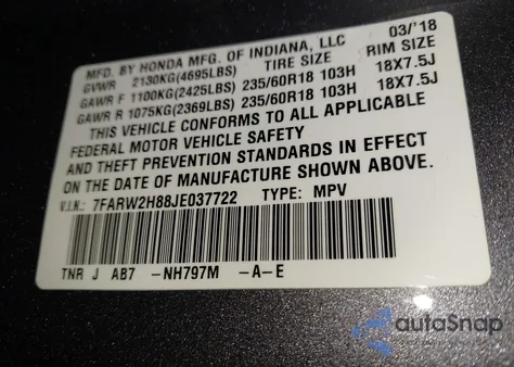 2018 Honda Cr-V Ex-L/Ex-L Navi из США, поврежденный, VIN 7FARW2H88JE037722